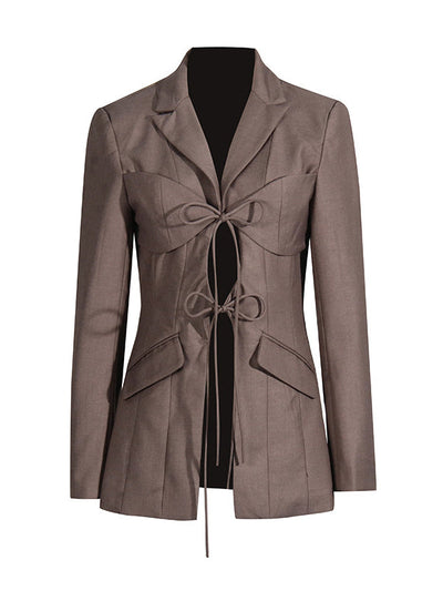 Long Sleeves Loose Pockets Solid Color Tied Notched Collar Blazer Outerwear