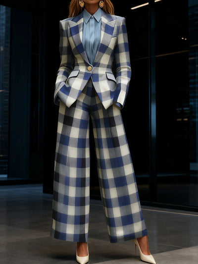 Loose Wide Leg Contrast Color Elasticity Plaid Pockets Pants Trousers