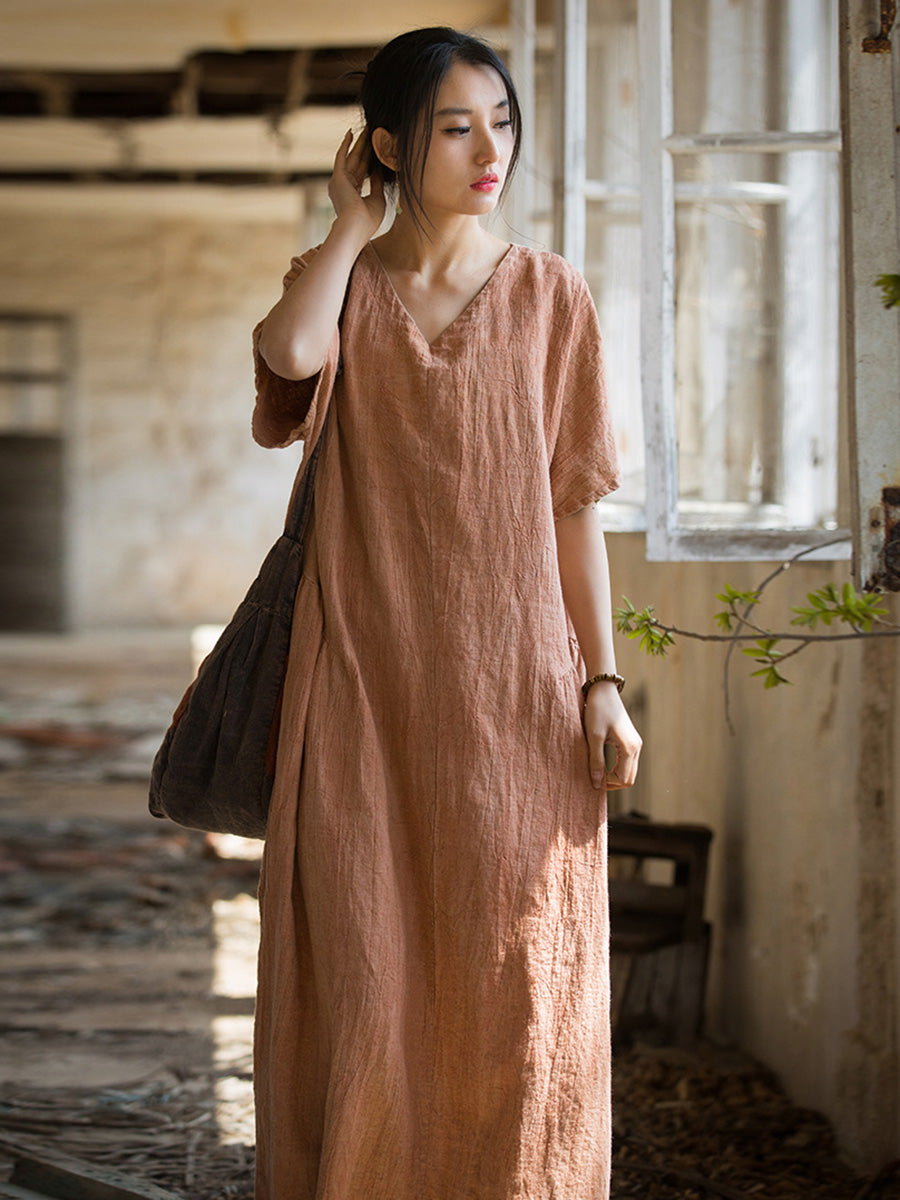 Women Summer Women Summer V-Neck Linen Dress