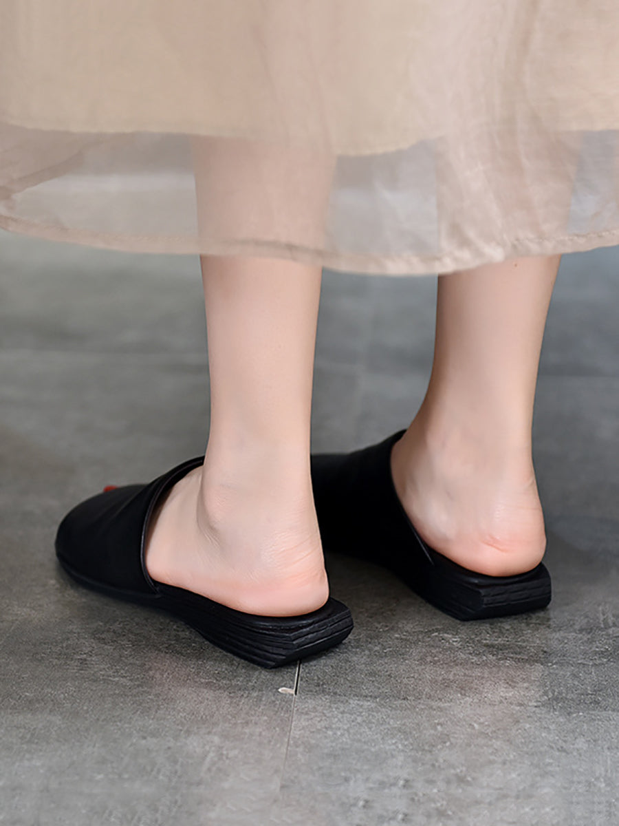 Women Summer Solid Soft Leather Flat Sandals