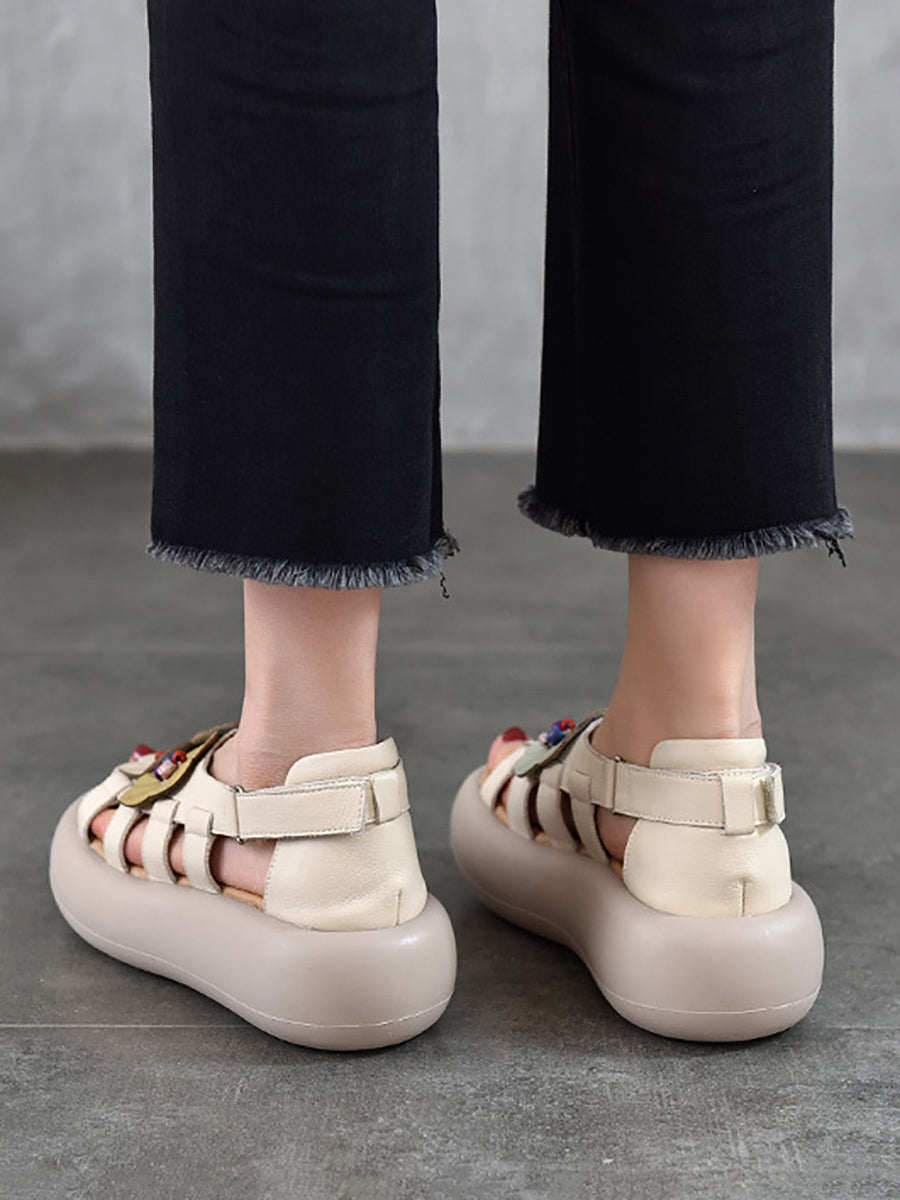 Women Casual Artsy Leather Flowe Platform Sandals