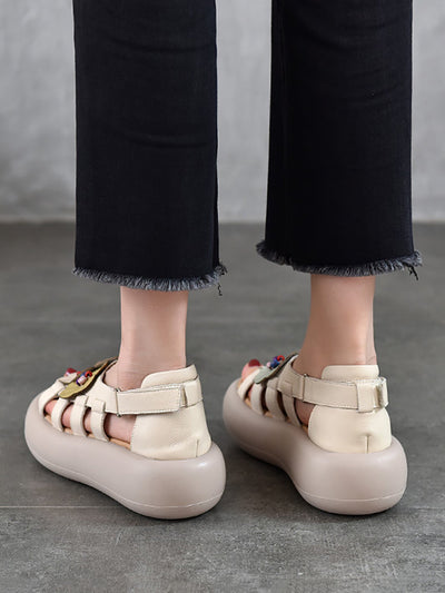 Women Casual Artsy Leather Flowe Platform Sandals