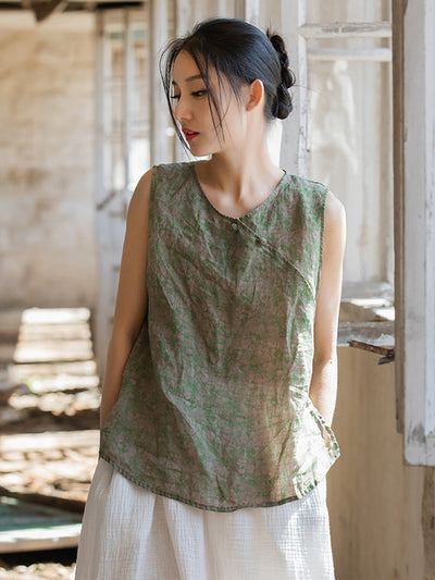 Women Summer Retro Flower Button Ramie Vest