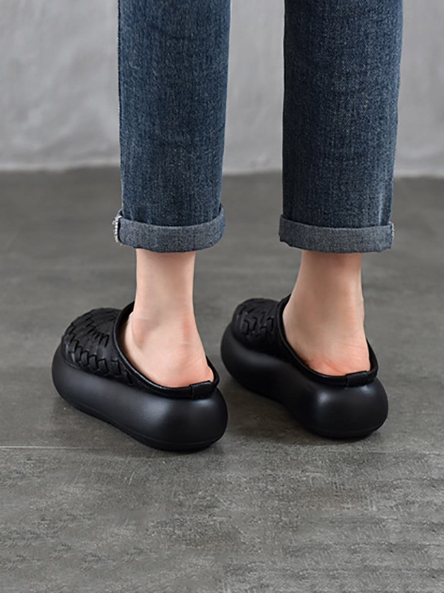 Women Genuine Leather Weave Platform Slippers