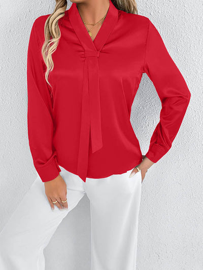 Long Sleeves Loose Solid Color Split-Joint Streamer Scarf Collar Blouses&Shirts Tops
