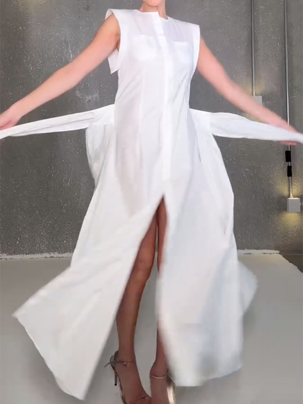 Cap Sleeve Loose Buttoned Solid Color Split-Side Tied Waist Maxi Dresses Shirt Dress