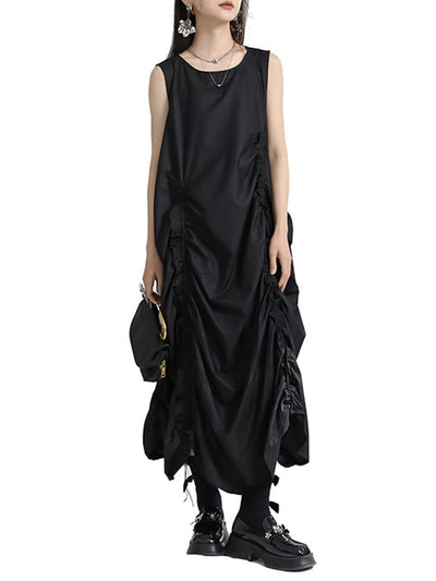 Loose Sleeveless Asymmetric Elasticity Pleated Solid Color Round-Neck Midi Dresses