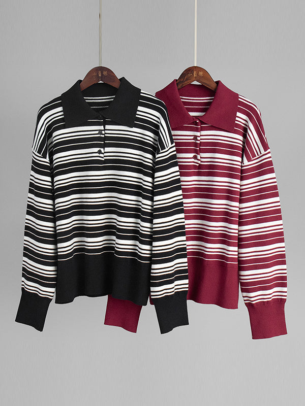 Long Sleeves Split-Joint Striped Lapel Sweater Tops