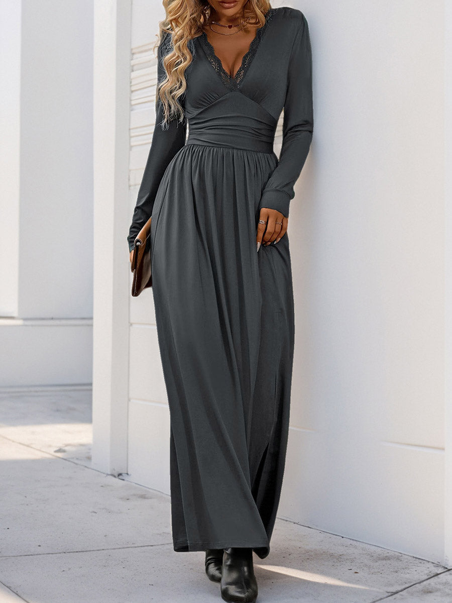 A-Line High Waisted Pleated Solid Color Split-Side V-Neck Maxi Dresses