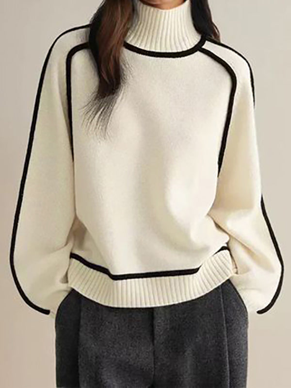 Long Sleeves Loose Contrast Color Split-Joint High Neck Pullovers Sweater Tops