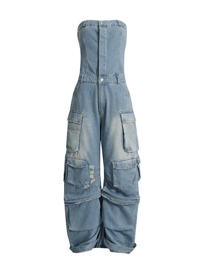 High Waisted Wide Leg Buttoned Hollow Pockets Split-Joint Tube Jumpsuits