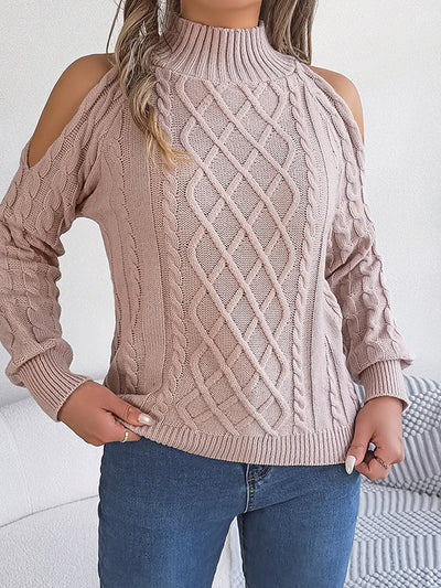Long Sleeves Loose Hollow Solid Color Cold Shoulder Pullovers Sweater Tops