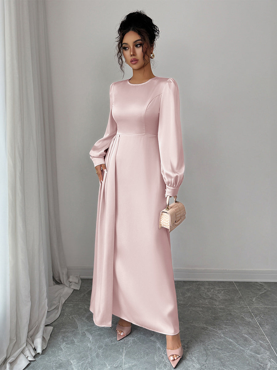 A-Line Elasticated Waist Asymmetric Pleated Solid Color Split-Joint Round-Neck Maxi Dresses
