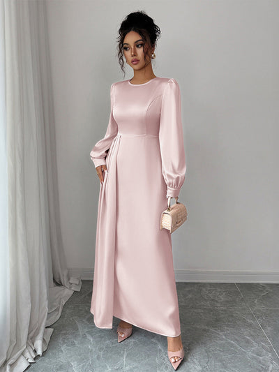 A-Line Elasticated Waist Asymmetric Pleated Solid Color Split-Joint Round-Neck Maxi Dresses