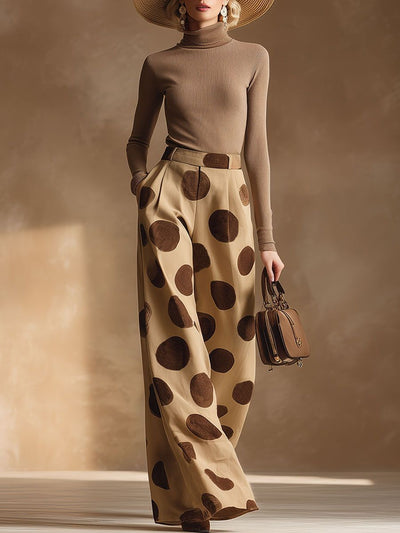 High Waisted Wide Leg Pleated Pockets Polka-Dot Pants Trousers