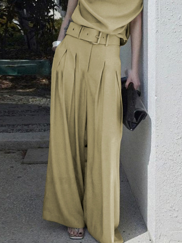 Loose Wide Leg Belted Pleated Solid Color Casual Pants Bottoms