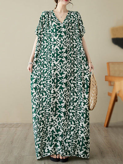 Batwing Sleeves Loose Floral Printed V-Neck Maxi Dresses