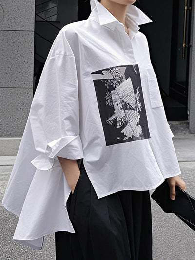 A-Line High-Low Buttoned Pockets Printed Split-Side Stand Collar Blouses&Shirts Tops