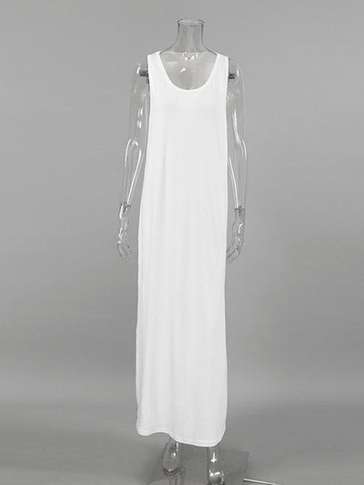 Loose Sleeveless See-Through Solid Color Split-Joint U-Neck Maxi Dresses