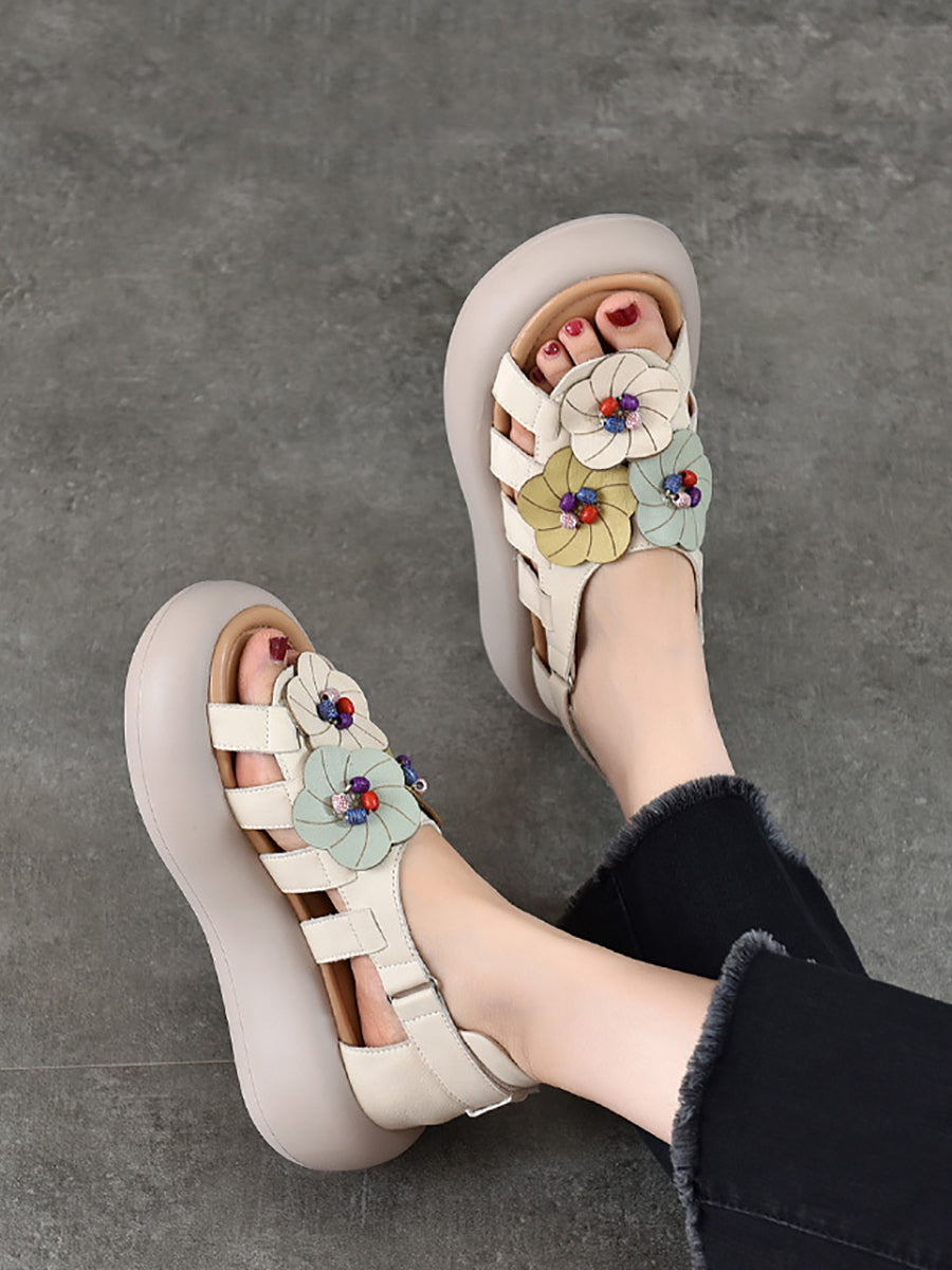 Women Casual Artsy Leather Flowe Platform Sandals