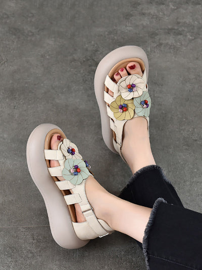 Women Casual Artsy Leather Flowe Platform Sandals