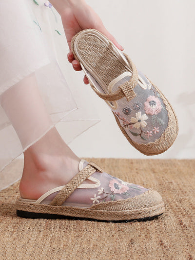Women Summer Flower Embroidery Slippers
