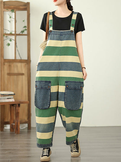 Women Summer Colorblock Stripe Denim Loose Jumpsuits