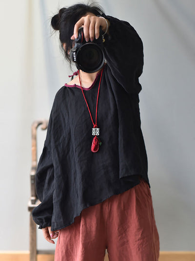 Plus Size Women Spring Retro V-Neck Puff Sleeve Shirt