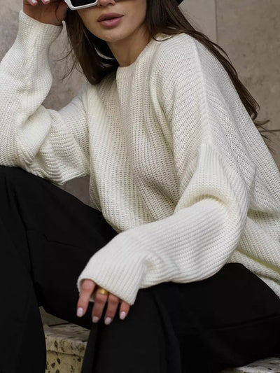 Long Sleeves Loose Solid Color Split-Joint Round-Neck Sweater Tops