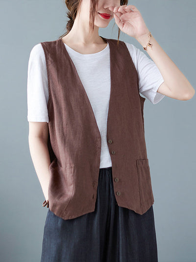Simple Loose V-Neck Solid Color Vest