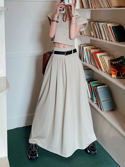 A-Line High Waisted Belted Pleated Solid Color Skirts Bottoms