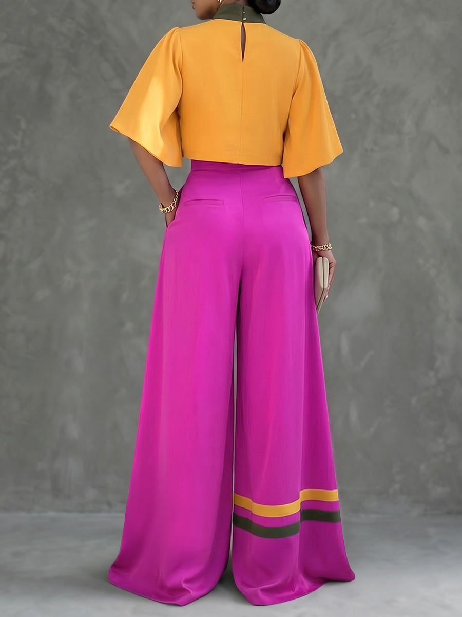 Cropped Flared Sleeves Contrast Color Pleated Stand Collar Blouses&Shirts Tops