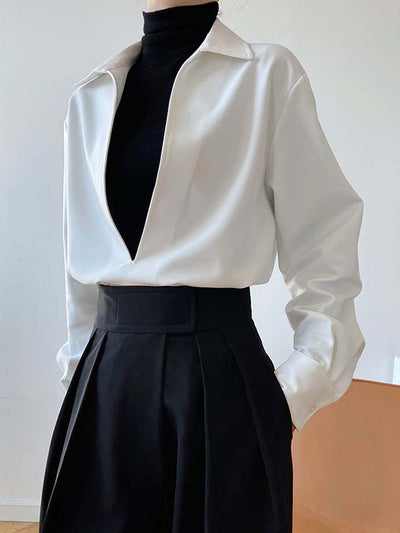 Long Sleeves Loose Solid Color Lapel Blouses