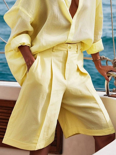 High Waisted Wide Leg Pleated Solid Color Split-Joint Shorts