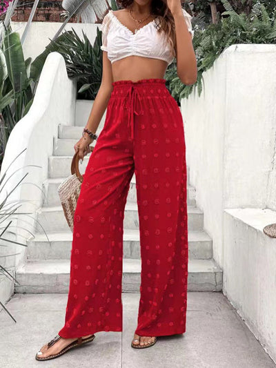 High Waisted Loose Drawstring Elasticity Jacquard Solid Color Pants Trousers