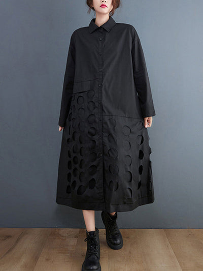 A-Line Long Sleeves Asymmetric Hollow Polka-Dot Solid Color Lapel Midi Dresses