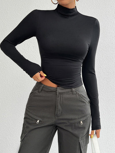 Long Sleeves Skinny Solid Color High Neck T-Shirts Tops