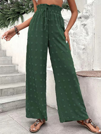 High Waisted Loose Drawstring Elasticity Jacquard Solid Color Pants Trousers