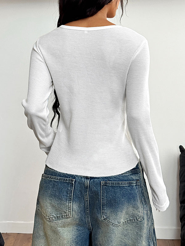 Long Sleeves Skinny Buttoned Solid Color Round-Neck Blouses&Shirts Tops