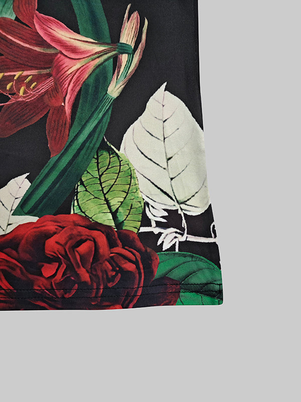 Long Sleeves Skinny Floral Printed Split-Joint High Neck T-shirts