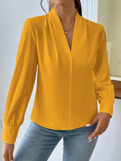 Long Sleeves Loose Pleated Solid Color Split-Joint V-Neck Blouses&Shirts Tops
