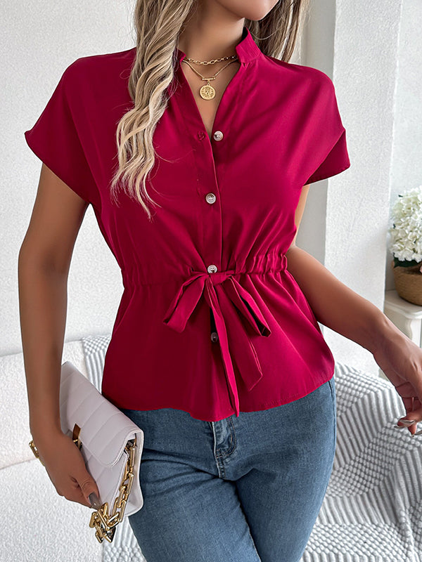 Short Sleeves Buttoned Comfort Solid Color Tied Waist Stand Collar Blouses&Shirts Tops