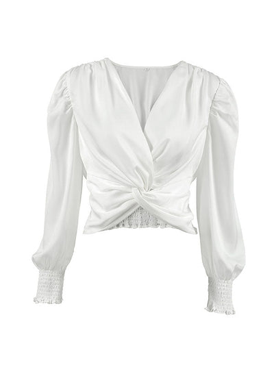 Loose Puff Sleeves Elasticity Pleated Solid Color Split-Joint V-Neck Blouses&Shirts Tops