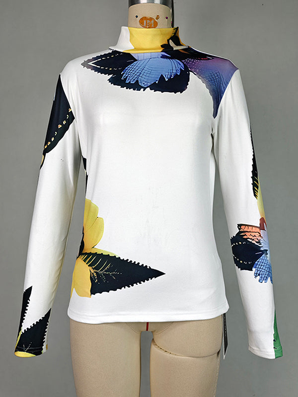 Long Sleeves Skinny Flower Print High Neck T-Shirts Tops