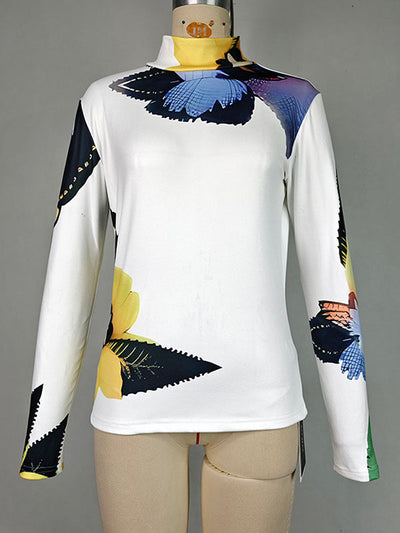Long Sleeves Skinny Flower Print High Neck T-Shirts Tops