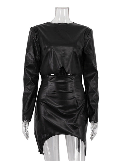 Solid Color Split-Joint Round-Neck T-Shirt Top + Zipper Bodycon High Waisted Skirts Bottom Two Pieces Set