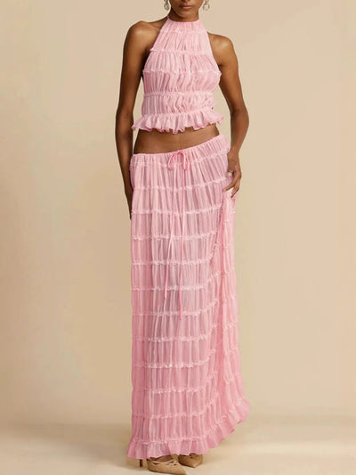 Pleated Solid Color Textured Halter-Neck Cropped Backless Ruffled Tank Top + Tied Waist High Waisted Skirts Bottoms Two Pieces Set