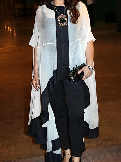 Batwing Sleeves High-low Gauze See-Through Split-Joint Round-neck Blouses&shirts Tops