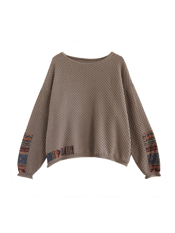 Long Sleeves Loose Printed Split-Joint Round-Neck Pullovers Sweater Tops