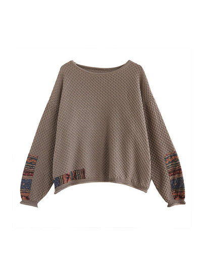 Long Sleeves Loose Printed Split-Joint Round-Neck Pullovers Sweater Tops